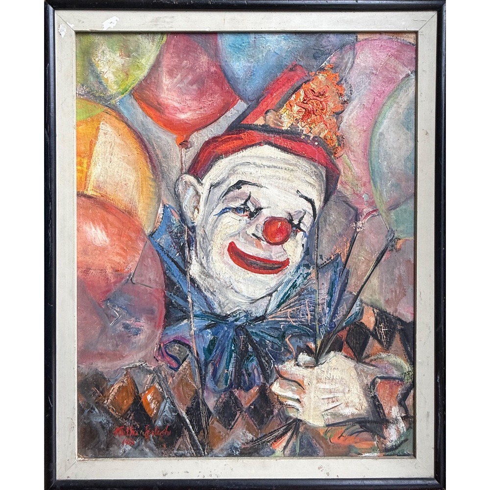 1956 Original Oil on Canvas by Ruth Erlich Expressionist Clown + Bonus Book